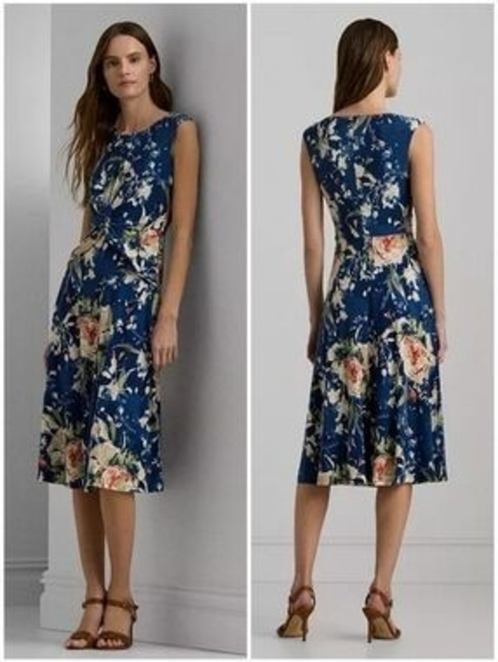 Ralph Lauren Navy Floral Fit-and-Flare Midi Dress